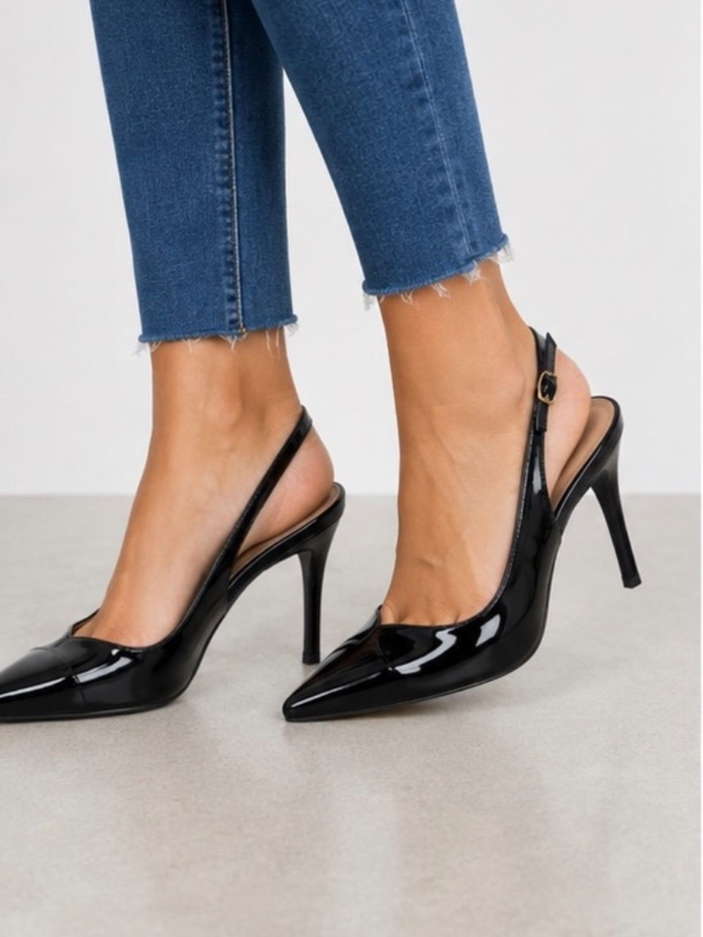 Elisabet Lang Black Patent Pointed-Toe Ankle Strap Stiletto Heels size 8